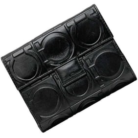 Salvatore Ferragamo bifold wallet ec-24570 black Gancini AQ-22 0791 double leather embossed compact