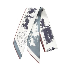 Hermes Hermès Twilly PARIS qui ROULE Scarf, Silk, Leather, Women's, White, Gray