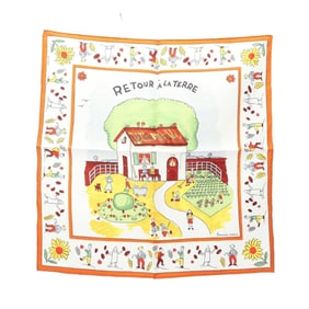 Hermes Hermès Petit Carré 45 RETOUR A LA TERRE Silk Scarf for Women, White, Orange, and Multicolor