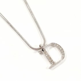 Christian Dior D Necklace, Metal/Rhinestone, Silver, Women's