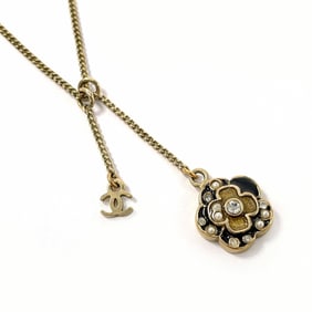 CHANEL Camellia Coco Mark Necklace, Metal/Rhinestone, Gold, 07, A Stamp, Women's