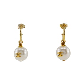 CHANEL Coco Mark Hoop Earrings, Gold Plated with Faux Pearl, Approx. 5.8g, Women's