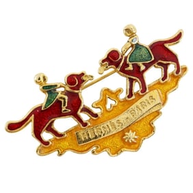 Hermes Hermès Cloisonne Girl & Dog Brooch, Vintage Cloisonné, Gold-Plated, Green, Approx. 18g