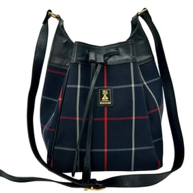 Burberry's Nova Check pattern, logo, hardware, canvas and leather drawstring shoulder bag, navy