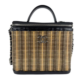 CHANEL Handbag Shoulder Bag Vanity Straw Leather Black Beige Silver Women's z7668