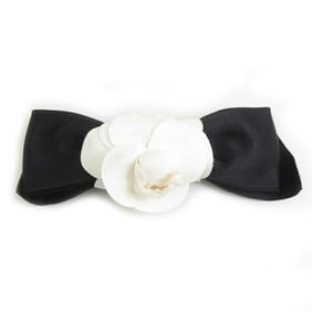 CHANEL Barrette Hair Accessory, Camellia Ribbon, Textile Satin, Black, Off-White, Gold, Women's,