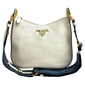 PRADA Vitello Dino Leather Shoulder Bag, Sacoche, Pochette, Crossbody White, 77750, with Prada Logo