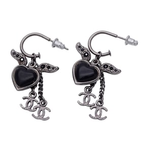 CHANEL Women's Earrings with Rhinestones, Silver and Black, Heart Coco Mark Design