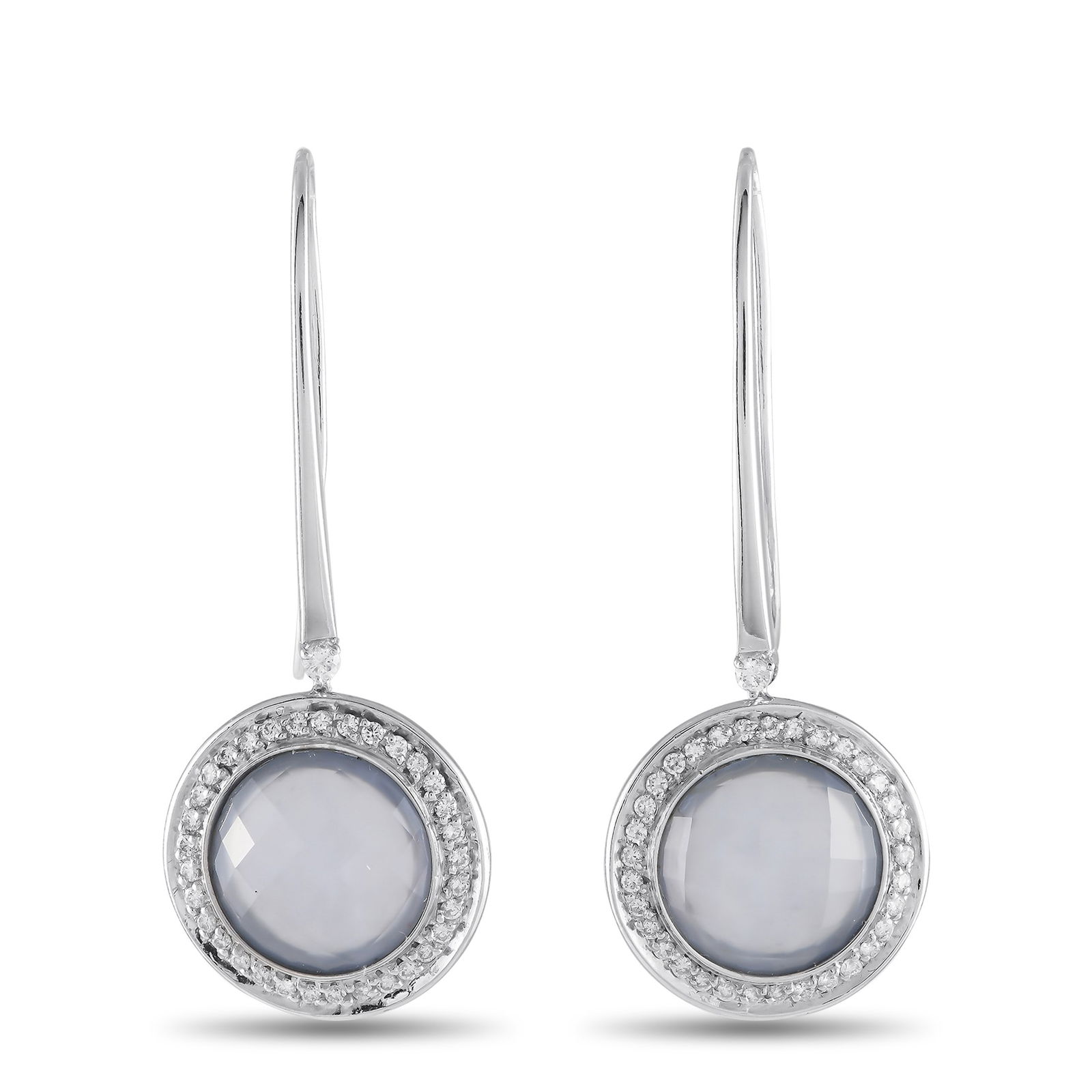 Casato 18K White Gold 0.65ct Diamond and Chalcedony Drop Earrings 200480: Sleek and incredibly elegant, these sophisticated Casato earrings are ideal for anyone with a minimalist aesthetic. The streamlined 18K white gold setting beautifully showcases the capitating round ch