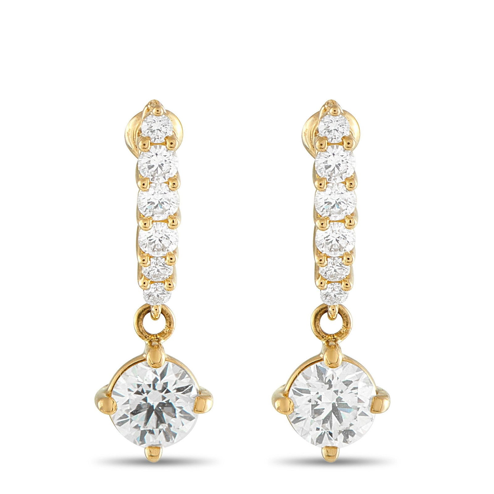 Tasaki 18K Yellow Gold 1.12ct Diamond Earrings #5290: These sophisticated Tasaki earrings are ideal for anyone with a streamlined aesthetic. On these earrings, a pair of 0.41 carat round-cut Diamonds dangle from a simple 18K Yellow Gold setting. Addition