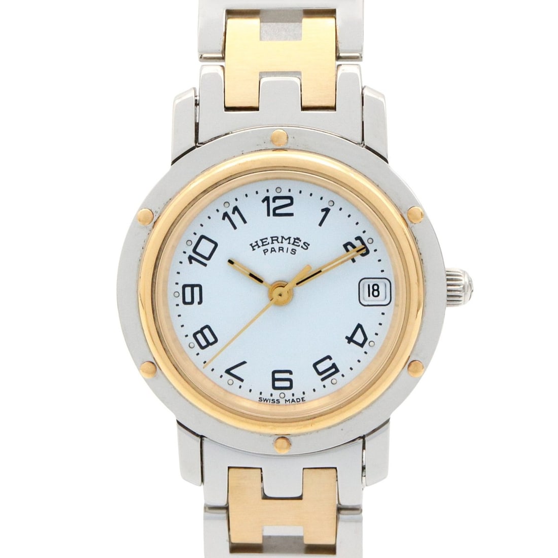 Hermès Clipper Watch, GP (Gold Plated) Stainless Steel, Women's, White, CL4.220: --- Catalog ---Category: SizeWrist Size: 16cm / 6.29''Case Diameter: 24mm / 0.94''Category: DesignType: WristwatchGender: WomenColor (Dial): WhiteMaterial (Band): Gold plated, Stainless steelMaterial 