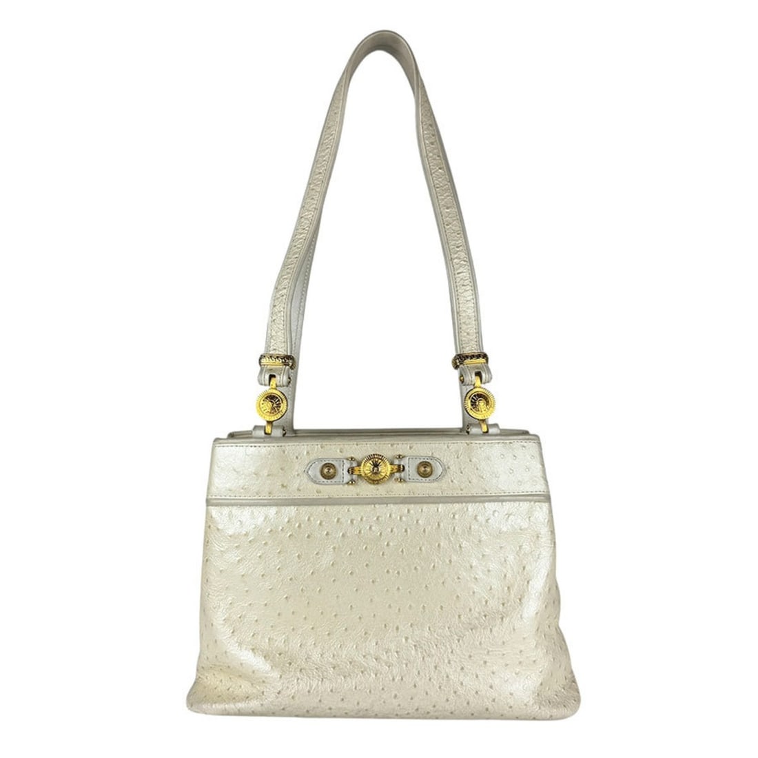 Gianni Versace shoulder bag in metallic white embossed leather, women's z7797: --- Catalog ---Category: SizeSize (HxWxD): 25cm x 34cm x 12cm / 9.84'' x 13.38'' x 4.72''Category: DesignType: Shoulder bagColor: WhiteGender: WomenMaterial: Leather Leather/Fur Type: Embossed leather