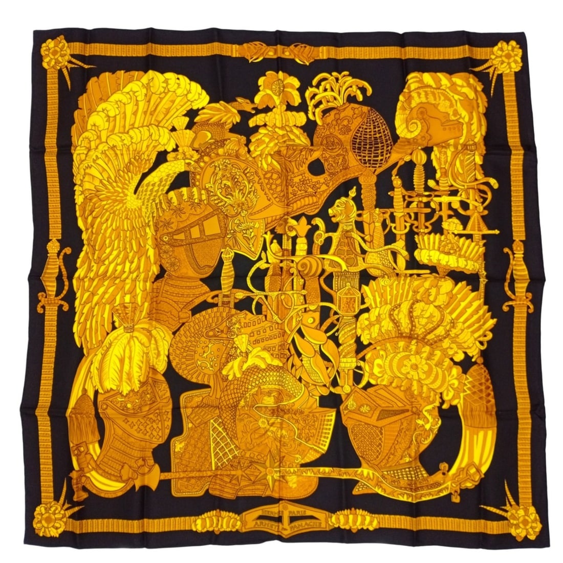 Hermes 100% Silk Carré 90 ARMETS en PANACHE Black Gold HERMES Scarf Muffler Feathered Cavalry (1 of 17)