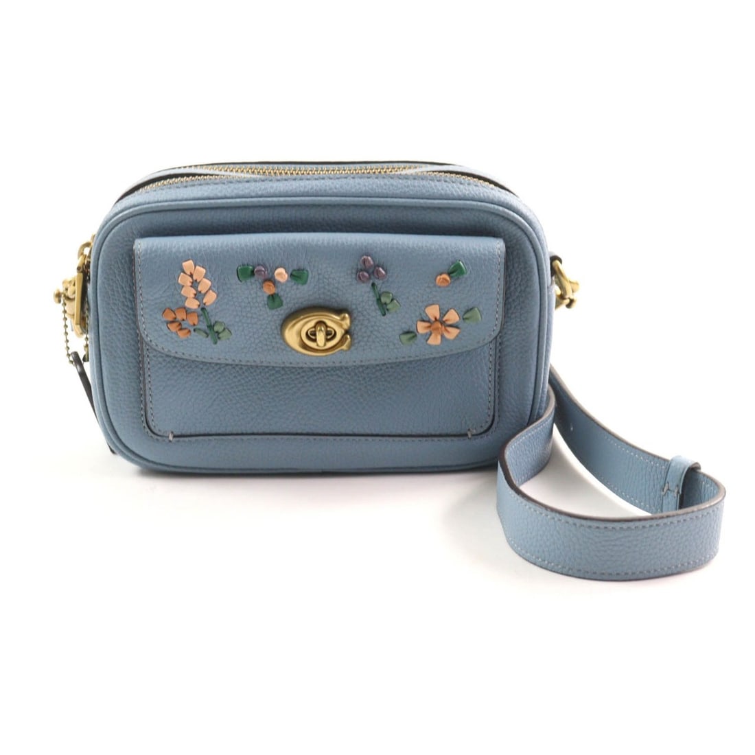 COACH C3881 Willow Floral Turnlock 2-Way Leather Camera Bag/Shoulder Bag, Light Blue, Women's, with: --- Catalog ---Category: SizeSize (HxWxD): 14cm x 20cm x 6.5cm / 5.51'' x 7.87'' x 2.55''Strap Length: 128cm / 50.39''Category: DesignType: Shoulder bagColor: Light blueGender: WomenClosure: ZipperMat