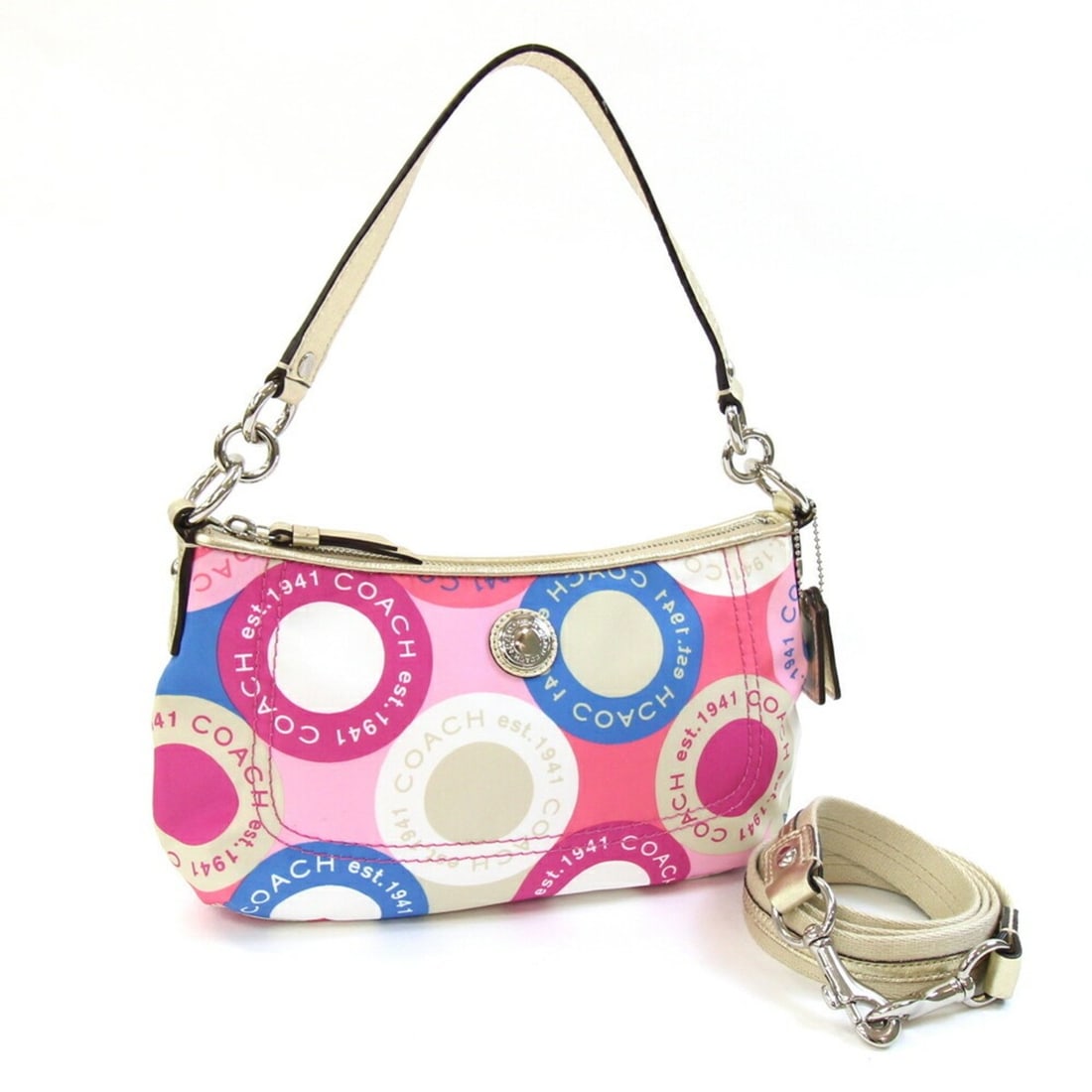 Coach Shoulder Bag F15173 Multicolor Champagne Gold Nylon Canvas Leather for Women: --- Catalog ---Category: SizeSize (HxWxD): 14.5cm x 28cm x 6cm / 5.7'' x 11.02'' x 2.36''Category: DesignType: Shoulder bagColor: Champagne gold, Multi-colorGender: WomenMaterial: Nylon canvas , Leath