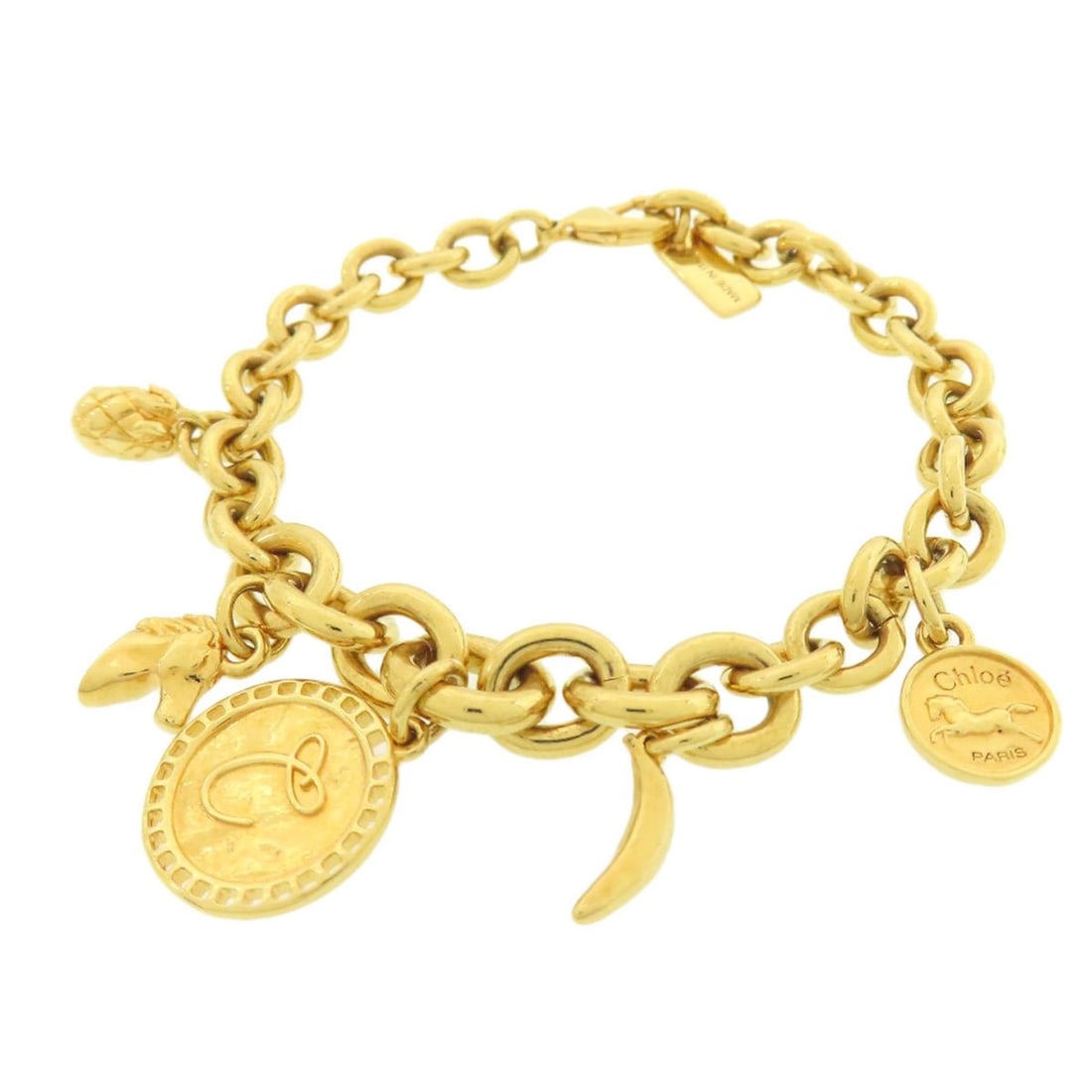 Chloé Chloe logo banana motif bracelet in metal for women: --- Catalog ---Category: SizeLength: 19.5cm / 7.67''Category: DesignType: Charm braceletGender: WomenMaterial: MetalCategory: GeneralBrand: Chloé--- Item List ---Section: ConditionRanking: Rank A Use