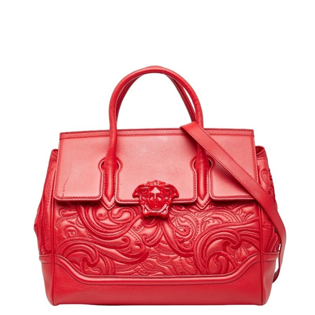 Versace Medusa Palazzo Empire Handbag/Shoulder Bag, 2-Way, Red Leather, Women's: --- Catalog ---Category: SizeStrap Drop: 42cm / 16.53''Handle Drop: 7.50cm / 2.95''Size (HxWxD): 25cm x 30.5cm x 14cm / 9.84'' x 12'' x 5.51''Category: DesignType: Handbag, Shoulder bagColor: Red colo