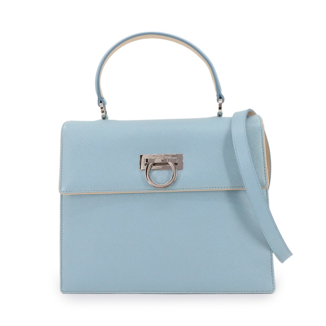 Salvatore Ferragamo Gancini 2-way hand/shoulder bag in light blue leather with silver hardware,: --- Catalog ---Category: SizeSize (HxWxD): 21cm x 26cm x 8.5cm / 8.26'' x 10.23'' x 3.34''Category: DesignType: Handbag, Shoulder bagColor: Light blueGender: WomenMaterial: Leather Category: GeneralBr