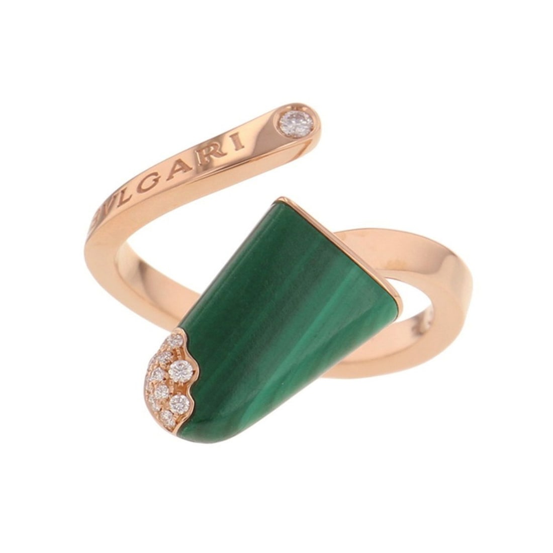 BVLGARI Gelati Ring with Diamond, Malachite and 18K Pink Gold, Size 50, 354783: --- Catalog ---Category: SizeJP Size: 10US Size: 5.5Category: DesignType: Band ringColor: Green, Pink goldGender: WomenMaterial: Pink gold (18K)Category: GeneralMPN: 354783Brand: Bvlgari--- Item List