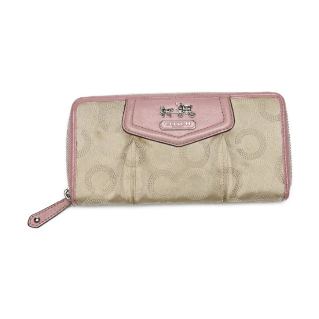 Coach long wallet, round zipper, canvas, beige and pink: --- Catalog ---Category: SizeSize (HxWxD): 10cm x 20cm x 2.5cm / 3.93'' x 7.87'' x 0.98''Category: DesignType: Long wallet (bi-fold)Color: Beige, PinkGender: WomenMaterial: Canvas Category: GeneralBra