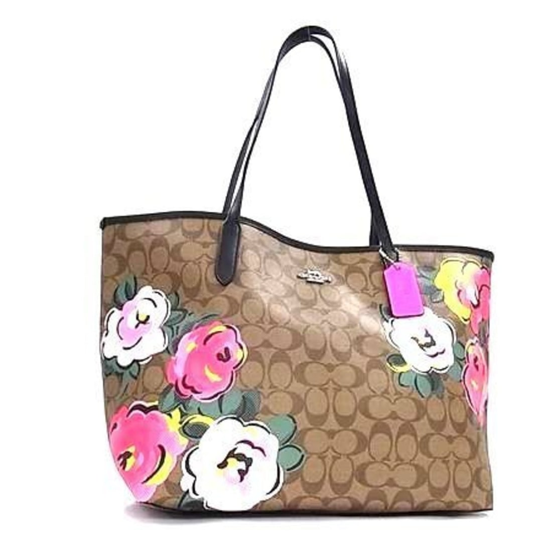 COACH Signature Tote Bag C5785 in Brown Multicolor Leather with Floral Design: --- Catalog ---Category: SizeSize (HxWxD): 29cm x 32cm x 15.5cm / 11.41'' x 12.59'' x 6.1''Category: DesignType: Handbag, Shoulder bag, Tote bagColor: Brown, Multi-colorGender: Men,WomenMaterial: PVC