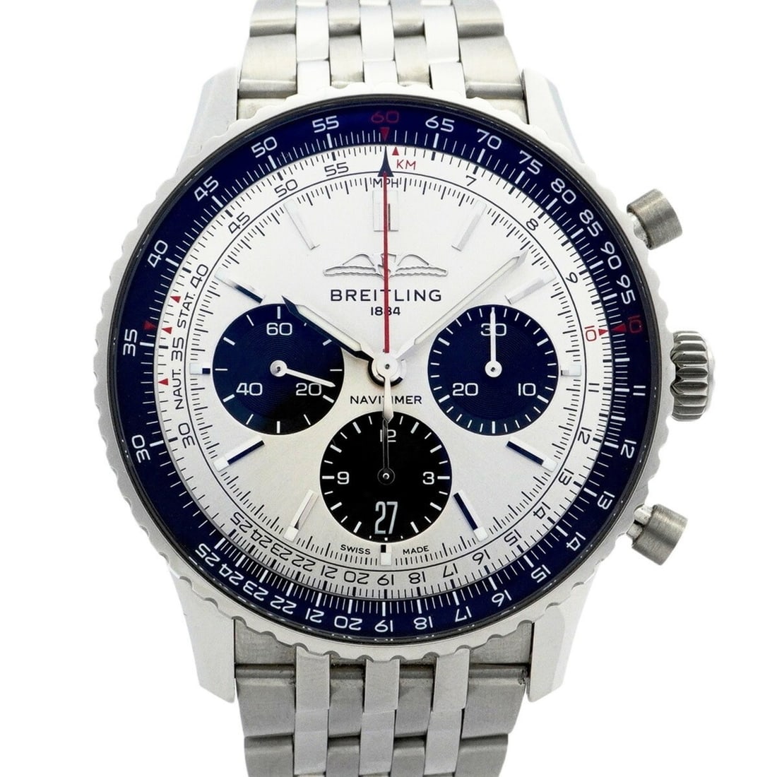 Breitling Navitimer AB0138 Silver Dial Men's Watch: --- Catalog ---Category: SizeWrist Size: 16.5cm / 6.49''Case Diameter: 42.7mm / 1.68''Category: DesignType: WristwatchGender: MenColor (Dial): SilverMaterial (Band): Stainless steelCategory: GeneralMP