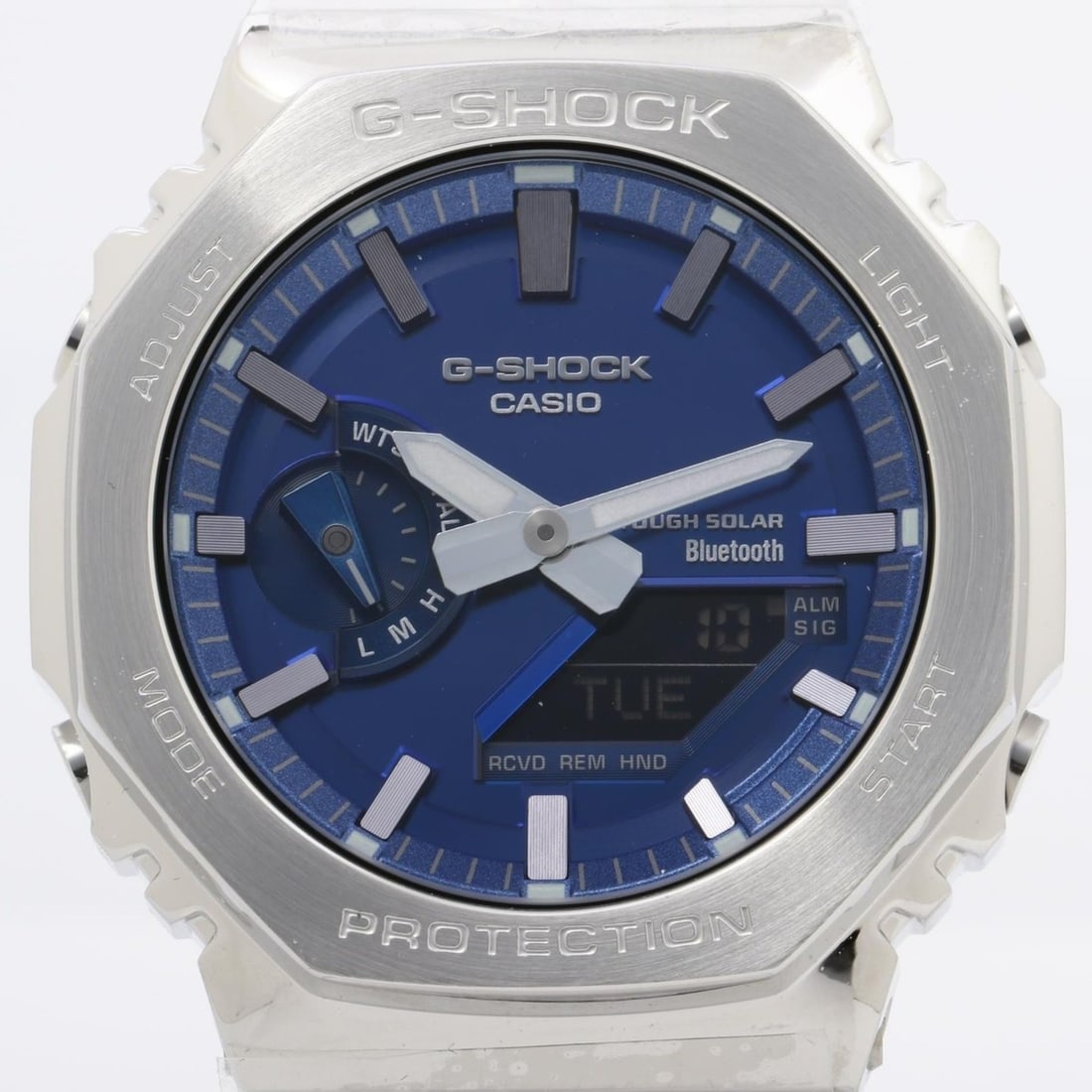 CASIO GSHOCK FULL METAL 2100 Series GMB2100AD2AJF Men's Watch, Blue and Silver: --- Catalog ---Category: SizeWrist Size: 22cm / 8.66''Case Diameter: 44.4mm / 1.75''Category: DesignType: WristwatchGender: MenColor (Dial): BlueMaterial (Band): Stainless steelMaterial (Case): Stainl