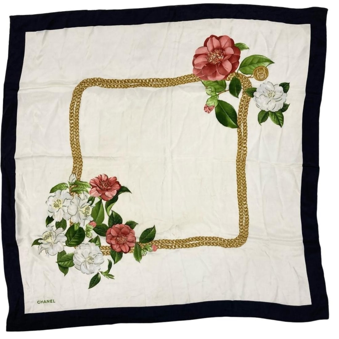 CHANEL Camellia Chain Square Scarf Muffler Black 90cm Women's (1 of 15)