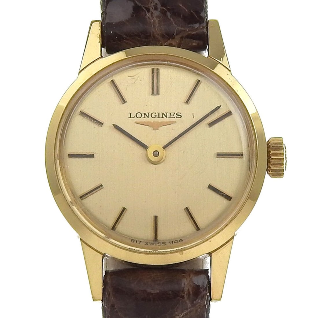 Longines Hand-wound Wristwatch cal.L.817.4 Gold-plated Gold Dial Hand-rolled Ladies: --- Catalog ---Category: SizeWeight: 13g / 0.45oz.Band Width: 10mm / 0.39''Wrist Size: 12.5cm - 16cm / 4.92'' - 6.29''Case Diameter: 21mm / 0.83''Case Thickness: 7mm / 0.28''Category: DesignType: Wris