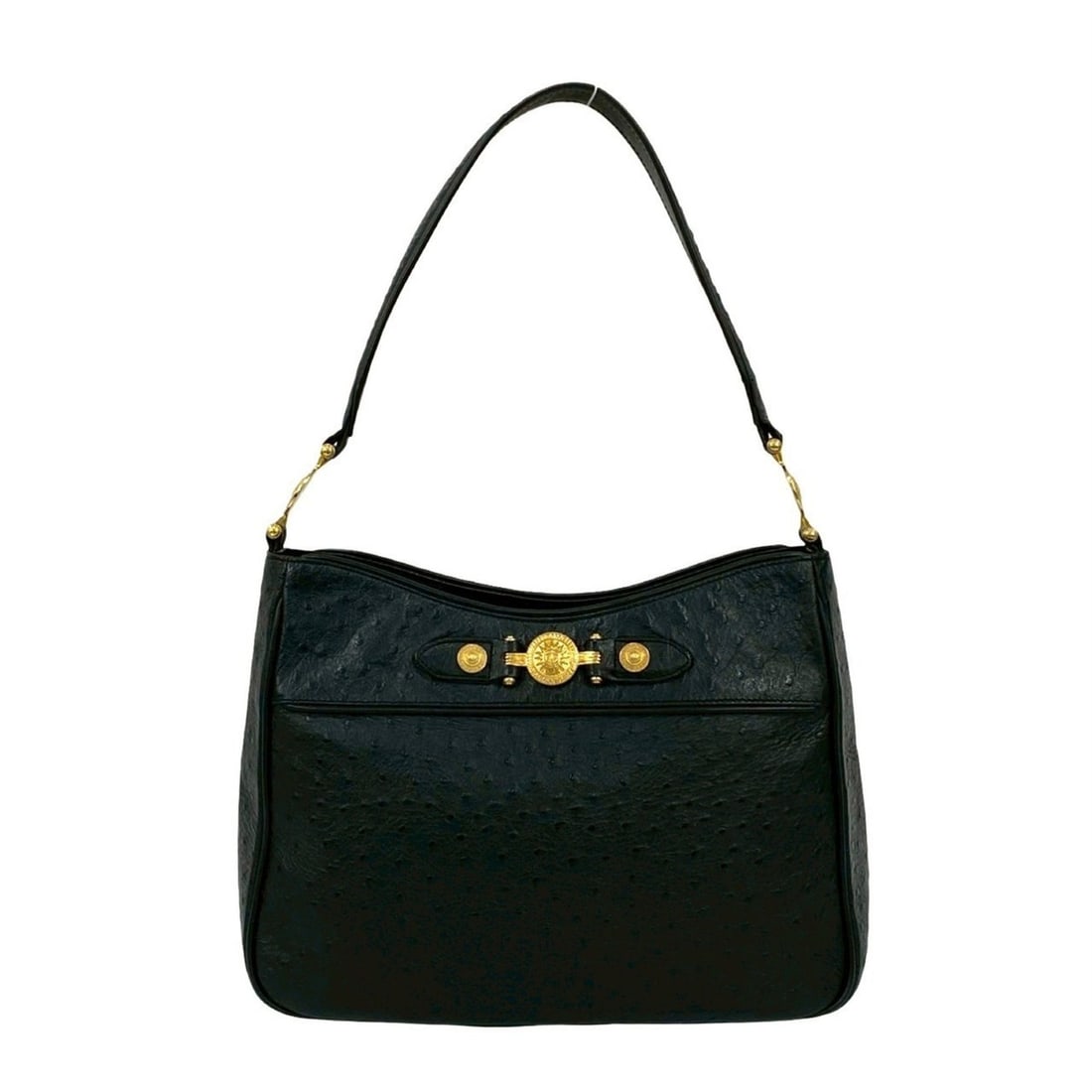 VERSACE Sunburst Logo Leather Semi One Shoulder Bag Handbag Black 62618: --- Catalog ---Category: SizeSize (HxWxD): 20.5cm x 28cm x 9cm / 8.07'' x 11.02'' x 3.54''Category: DesignType: Handbag, Shoulder bagColor: BlackGender: WomenMaterial: Leather Category: GeneralBrand: