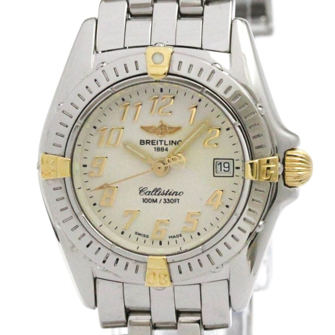 BREITLING Callistino 18K Gold Steel Ladies Watch B52045.1 Polished: --- Catalog ---Category: SizeCase Diameter: 28mm / 1.1''Category: DesignType: WristwatchStyle: SportGender: WomenColor (Dial): IvoryMaterial (Band): Stainless steelMaterial (Case): Stainless steel, Ye
