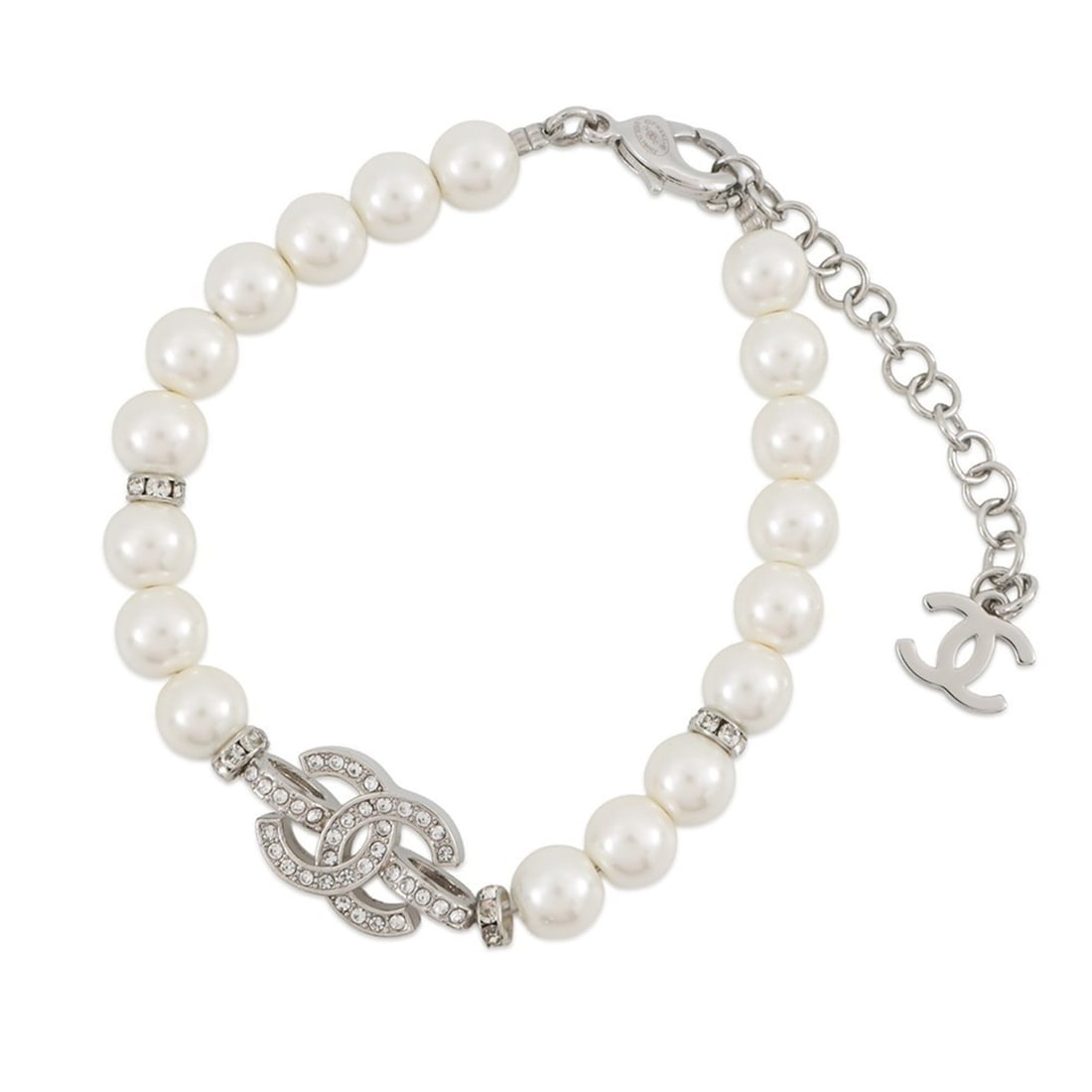 Chanel Coco Mark Bracelet with Faux Pearl and Rhinestones, Size 25, C, ABF724, CHANEL: --- Catalog ---Category: SizeLength: 17.5cm - 23cm / 6.88'' - 9.05''Category: DesignType: Charm braceletColor: SilverStone: RhinestoneGender: WomenMaterial: MetalCategory: GeneralBrand: ChanelCountry