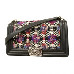 Chanel Boy Shoulder Bag Leather Wool Multicolor Black Women's