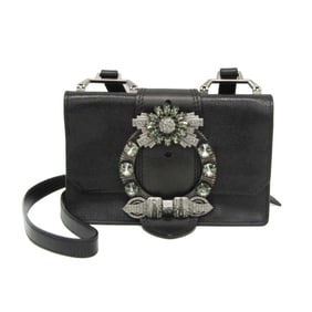 Miu Miu MADRAS 5BH609 Women's Leather,Rhinestone Shoulder Bag Black
