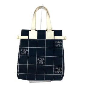 CHANEL CC Coco Mark Bicolor Tote Bag, Vertical Logo Shoulder Canvas, Women's, Black