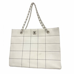 Chanel Chocobar Tote Bag with Chain Shoulder Strap, Leather, White, Navy, Women's