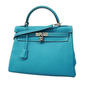 Hermes Hermès Kelly 32 Togo Blue Jean Handbag with H Stamp, 2-Way Bag for Women