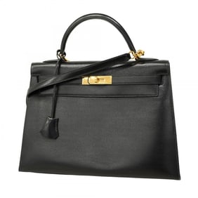 Hermes Hermès Kelly 32 Handbag, Box Calf Leather, Black, ?T Stamp, 2-Way Bag, Women's