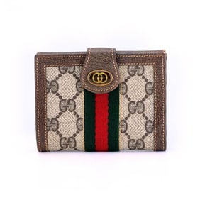 Gucci Sherry Line Bifold Wallet, GG Supreme Leather with Gold Hardware, Vintage Web Stripe Wallet