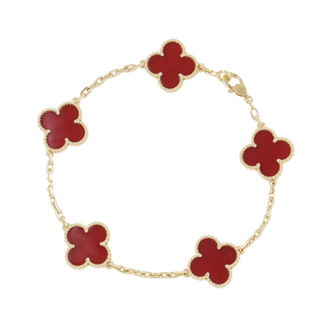 Van Cleef & Arpels Alhambra Bracelet, 5 Motifs, Carnelian, 18K Yellow Gold, VCARD35500: --- Catalog ---Category: SizeLength: 18cm / 7.08''Weight: 11.4g / 0.4oz.Total Length: 19cm / 7.48''Category: DesignType: Charm braceletStone: CarnelianGender: WomenSeason: VintageMaterial: Yellow gold