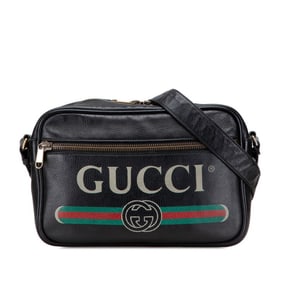 Gucci Logo Print Crossbody Shoulder Bag 523589 Black Leather Women's GUCCI