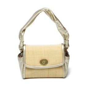 Coach Parker Straw Top Handle Pouch Leather Handbag 42475 Beige x Gold
