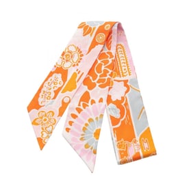 Hermes Hermès Twilly Bingata Silk Scarf for Women, Orange, Pink, and Gray