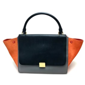 CELINE 2-Way Handbag, Trapeze Shoulder Bag, Suede Leather, Women's, Black, Gray x Black Orange