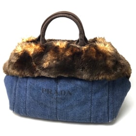 PRADA BN2182 Canapa Handbag/Tote Bag with Fur, Denim, Faux and Suede, Women's, Blue