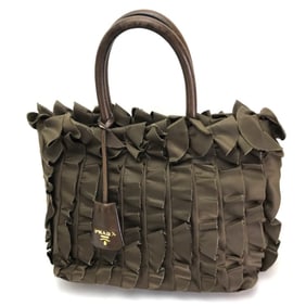 PRADA BN1728 Ruffled Handbag Tote Bag in Nylon Canvas and Leather, Brown