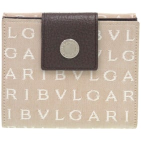 Like new Bvlgari Logomania canvas and leather bifold wallet with silver hardware, beige, 0445.