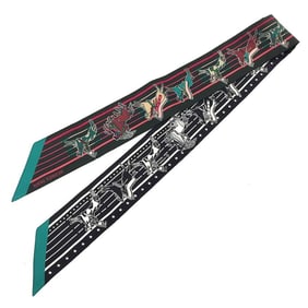 HERMES Twilly Pani La Shar Pawnee Chief of the Scarf Black Vert Fonc/Rose Vif/Noir 100% Silk Hermes