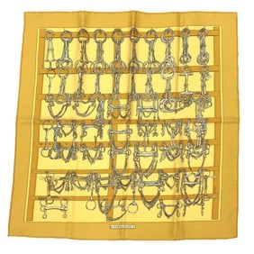 HERMES Hermes Scarf Muffler Carre 45 Petit MORS & FILETS (Horse Tack and Bits) Yellow 100% Silk
