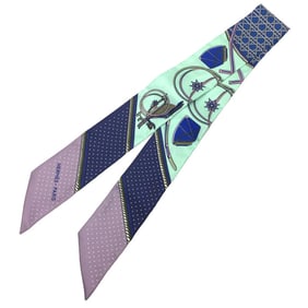HERMES Twilly Les Voitures a transformation Folding carriage Scarf Purple x Green Muffler 100% Silk